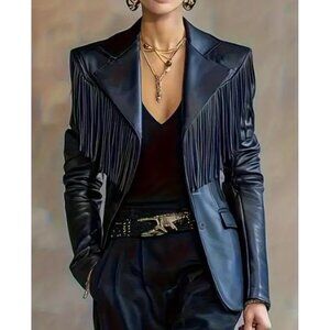 Oyrosy Womens Large Genuine black fringed Jacket Blazer Casual